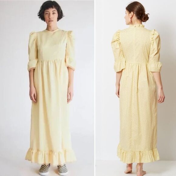 Batsheva Collarless Kate Dress Yellow Moire Maxi Ruffle Hem Lace Trim, Size 6 - Picture 1 of 12